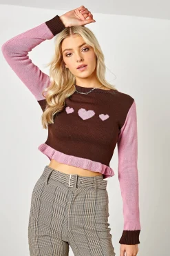 Daisy Street Rib Frill Jumper with Heart Graphic-Women Tops
