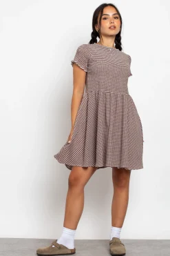 Daisy Street Shirred Check Skater Mini Dress-Women Dresses