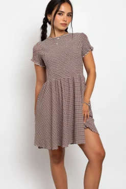 Daisy Street Shirred Check Skater Mini Dress-Women Dresses