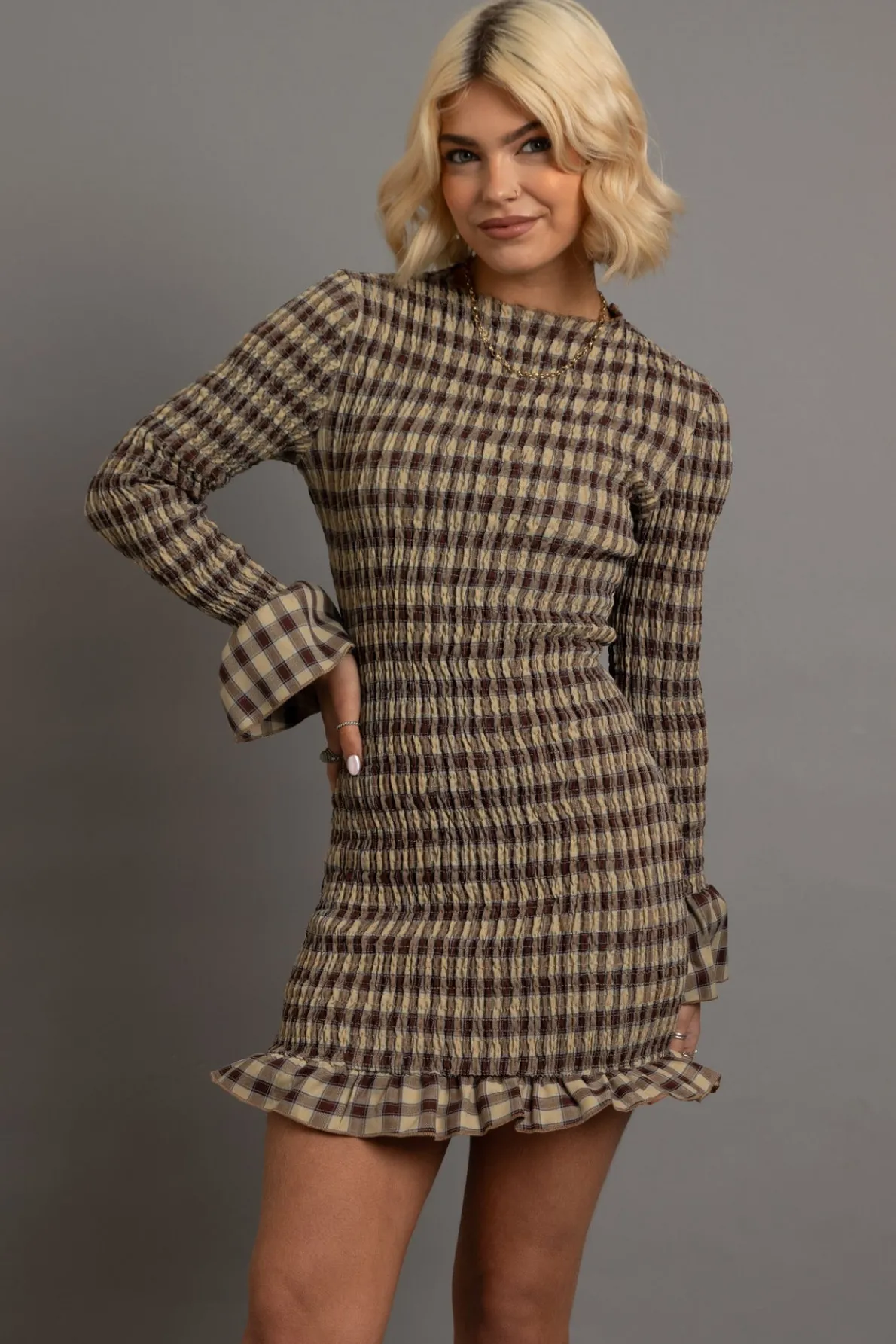 Daisy Street Shirred Long Sleeve Mini Dress-Women Partywear | Dresses