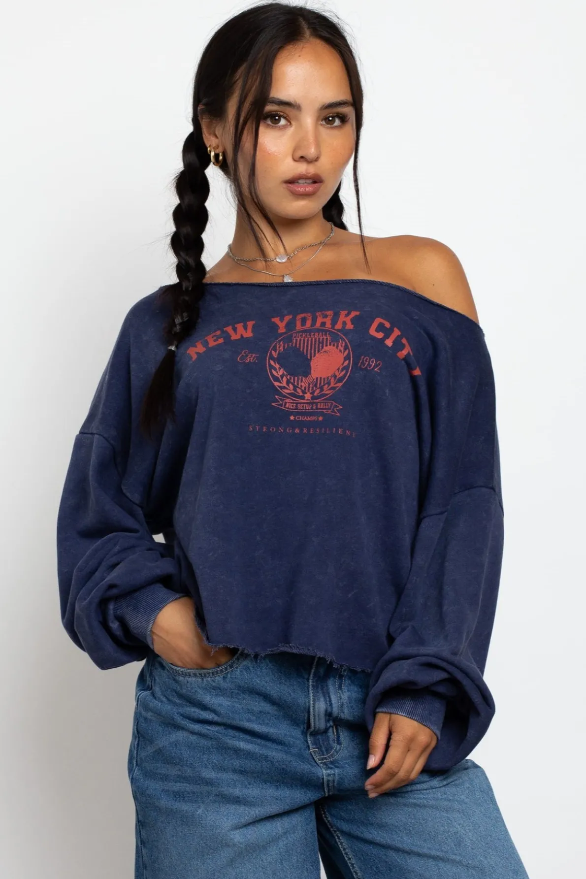 Daisy Street Slashed Neck Sweat With New York City Graphic-Women Tops | Hoodies & Sweatshirts