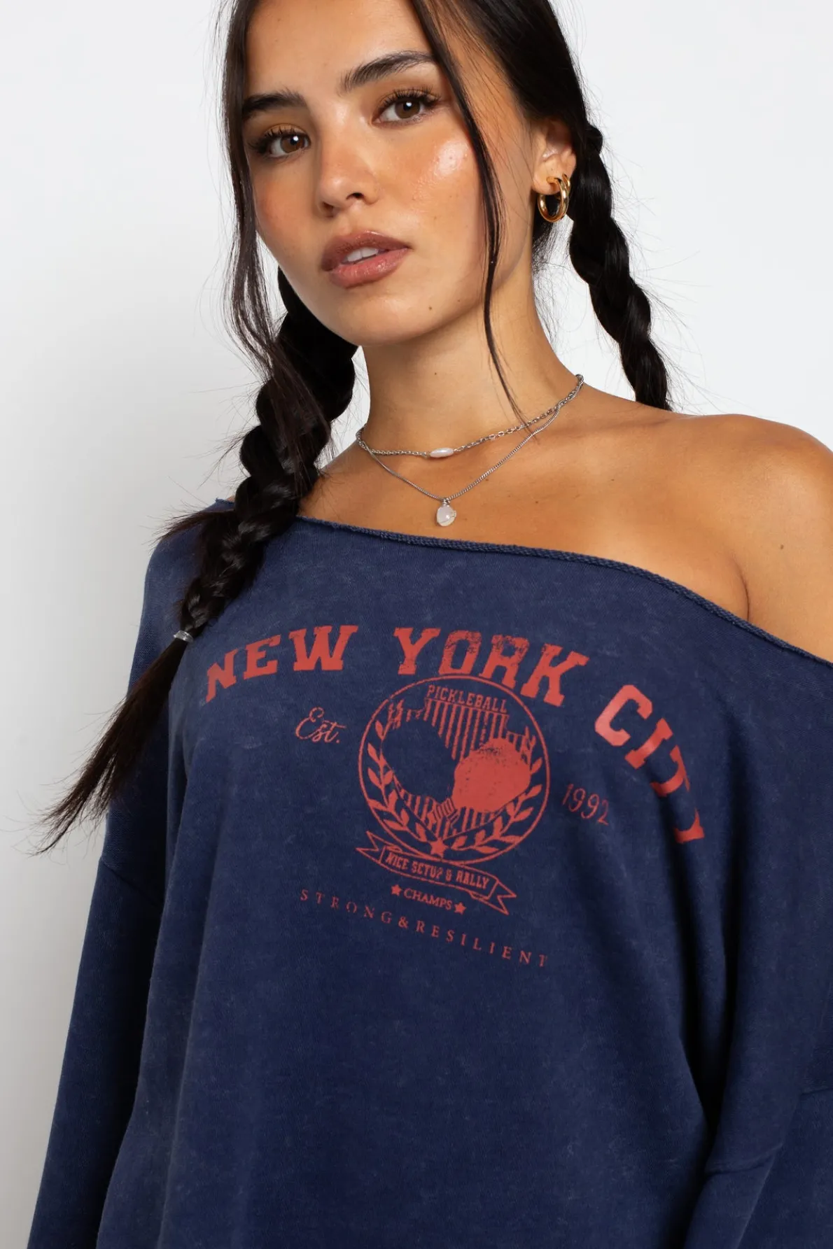 Daisy Street Slashed Neck Sweat With New York City Graphic-Women Tops | Hoodies & Sweatshirts