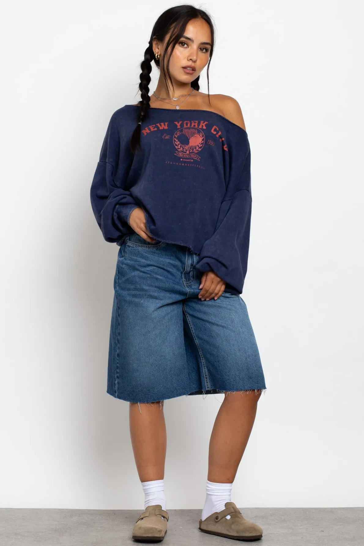 Daisy Street Slashed Neck Sweat With New York City Graphic-Women Tops | Hoodies & Sweatshirts