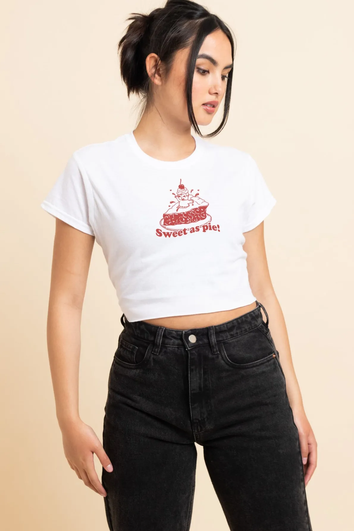 Daisy Street Slim Crop T-Shirt with Sweet As Pie Print-Women T-Shirts