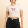Daisy Street Slim Crop T-Shirt with Patterend Butterfly Print-Women T-Shirts