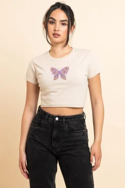 Daisy Street Slim Crop T-Shirt with Patterend Butterfly Print-Women T-Shirts