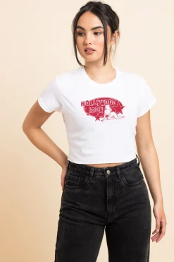 Daisy Street Slim Crop T-Shirt with Hollywood Icon Print-Women T-Shirts
