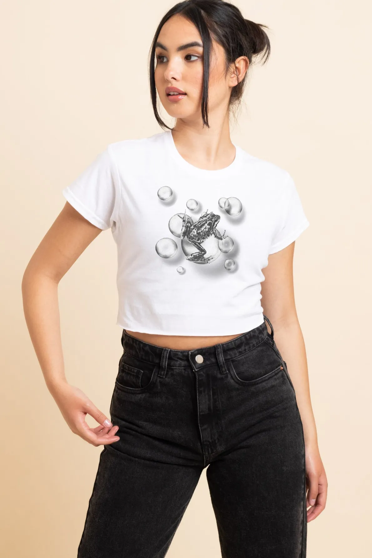 Daisy Street Slim Crop T-Shirt with Frog Print-Women T-Shirts