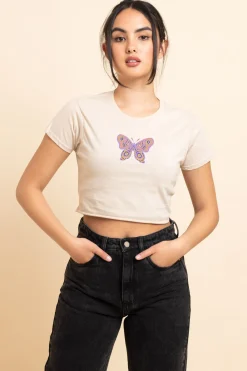 Daisy Street Slim Crop T-Shirt with Patterend Butterfly Print-Women T-Shirts