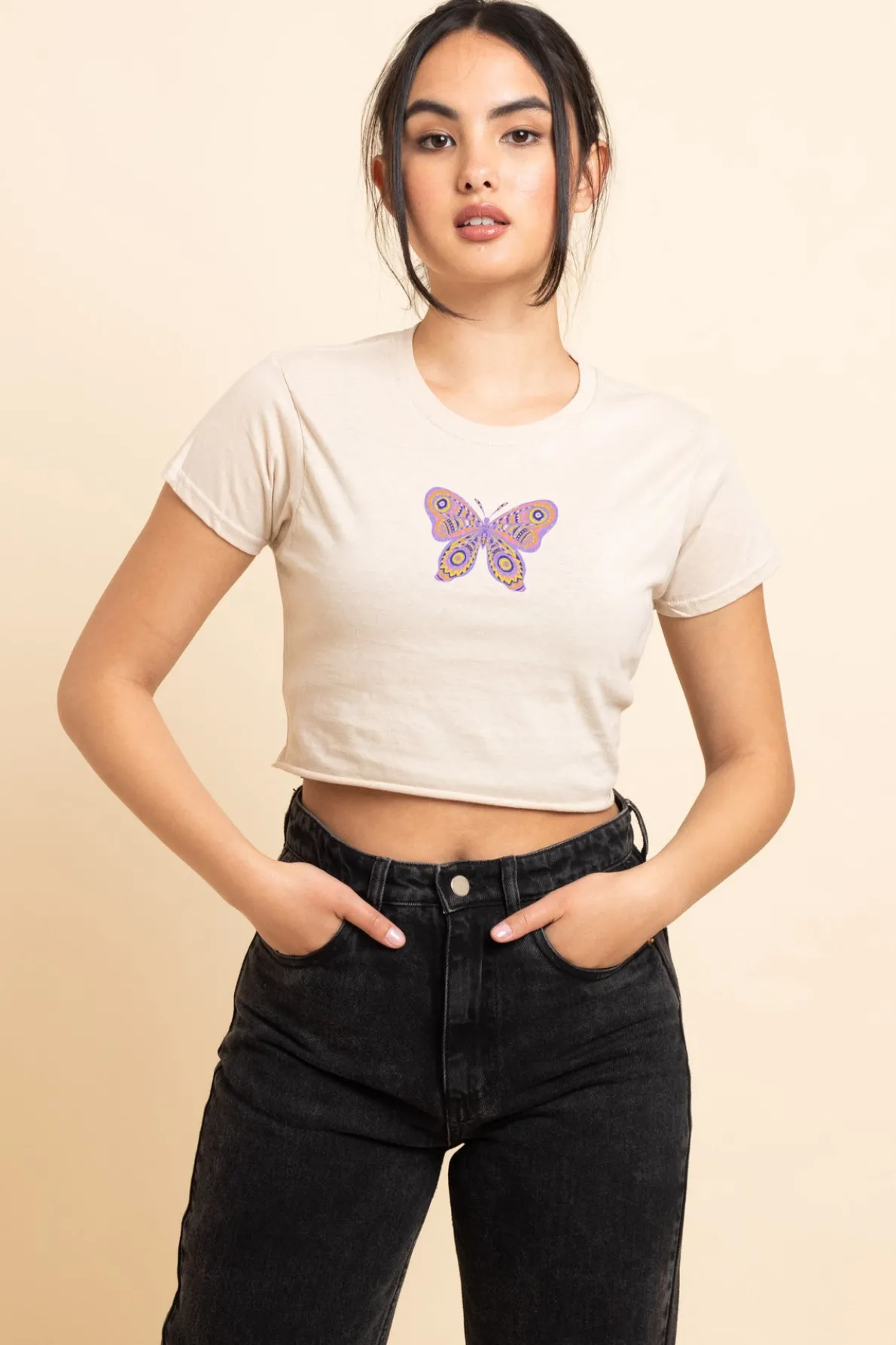 Daisy Street Slim Crop T-Shirt with Patterend Butterfly Print-Women T-Shirts
