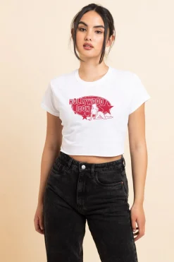Daisy Street Slim Crop T-Shirt with Hollywood Icon Print-Women T-Shirts
