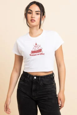 Daisy Street Slim Crop T-Shirt with Sweet As Pie Print-Women T-Shirts