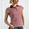 Daisy Street Slim Fit Stripe Polo Shirt With Short Sleeves-Women Tops