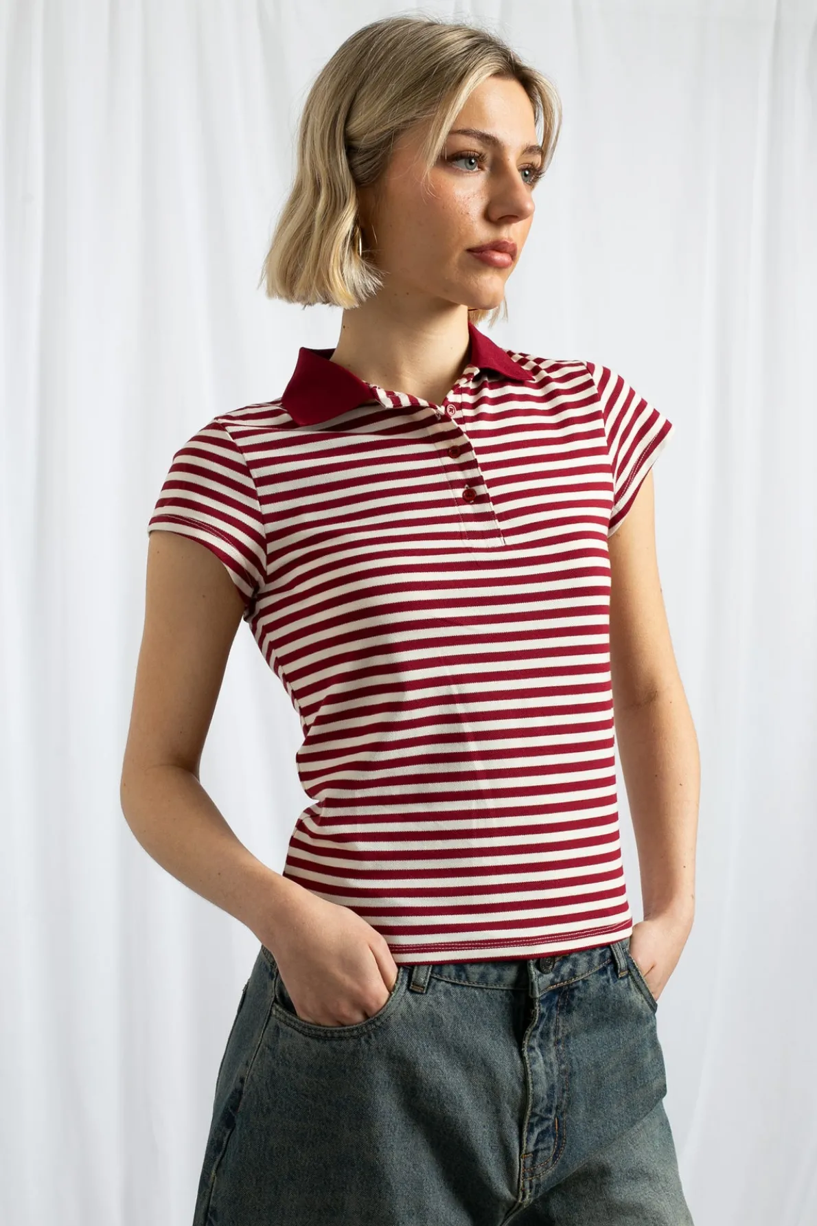 Daisy Street Slim Fit Stripe Polo Shirt With Short Sleeves-Women Tops