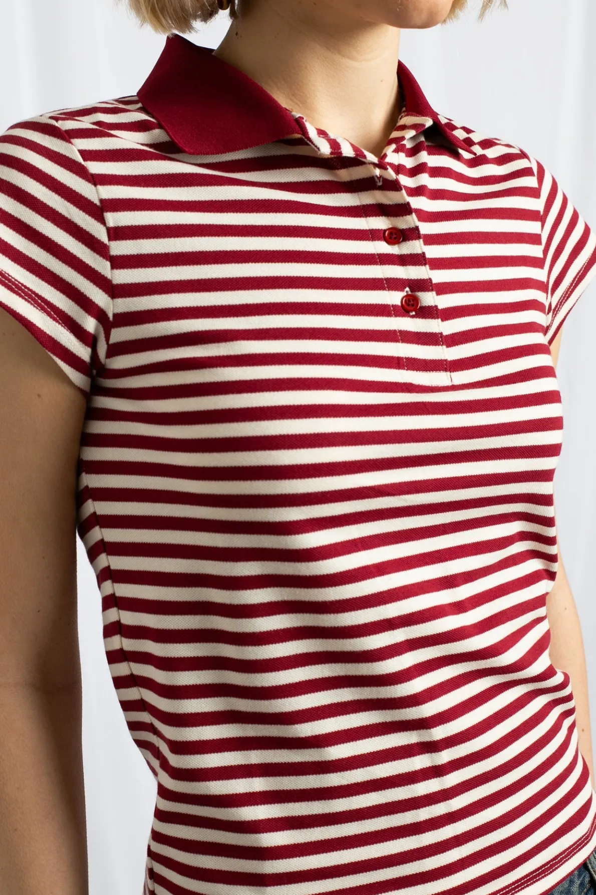 Daisy Street Slim Fit Stripe Polo Shirt With Short Sleeves-Women Tops