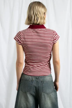 Daisy Street Slim Fit Stripe Polo Shirt With Short Sleeves-Women Tops