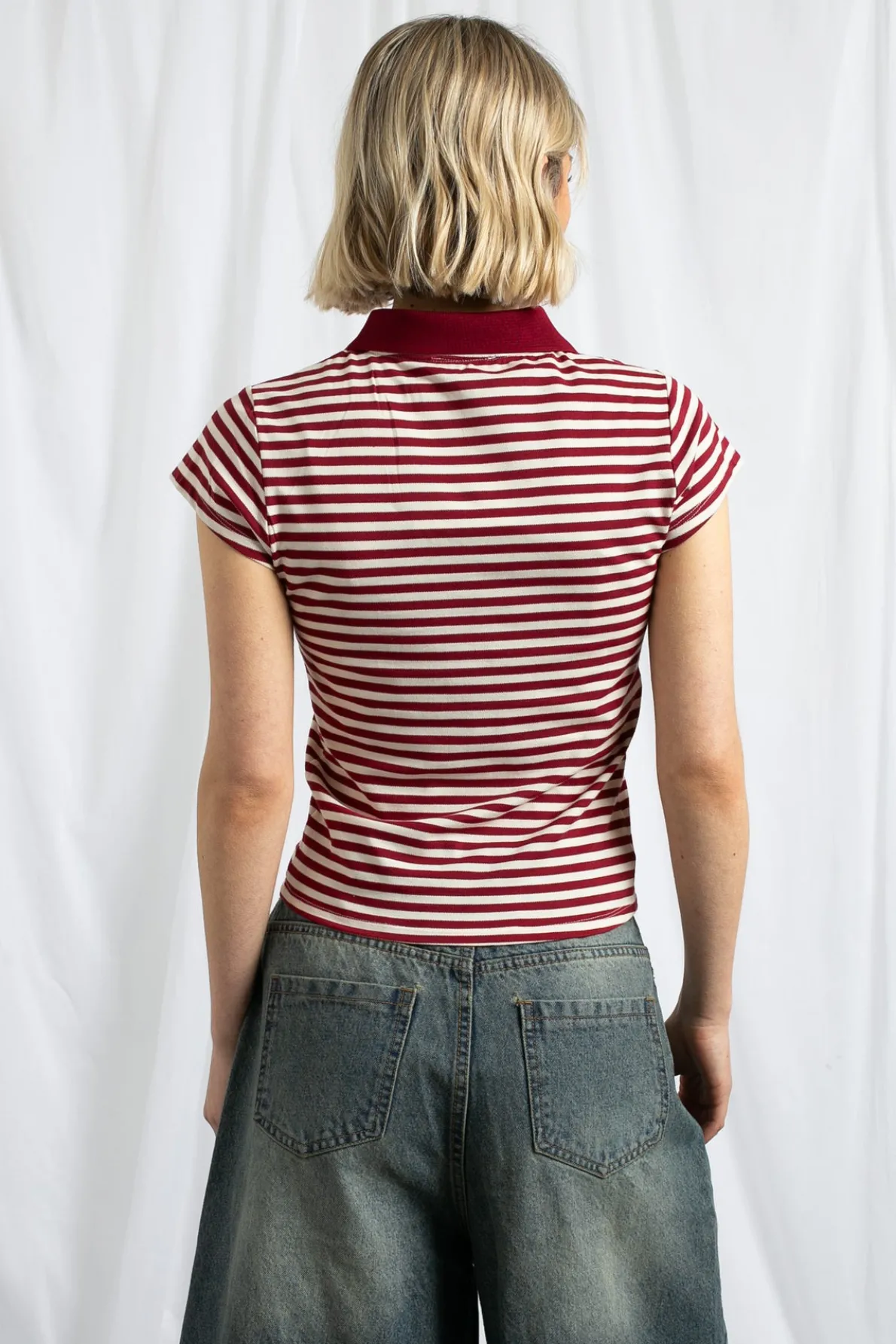 Daisy Street Slim Fit Stripe Polo Shirt With Short Sleeves-Women Tops