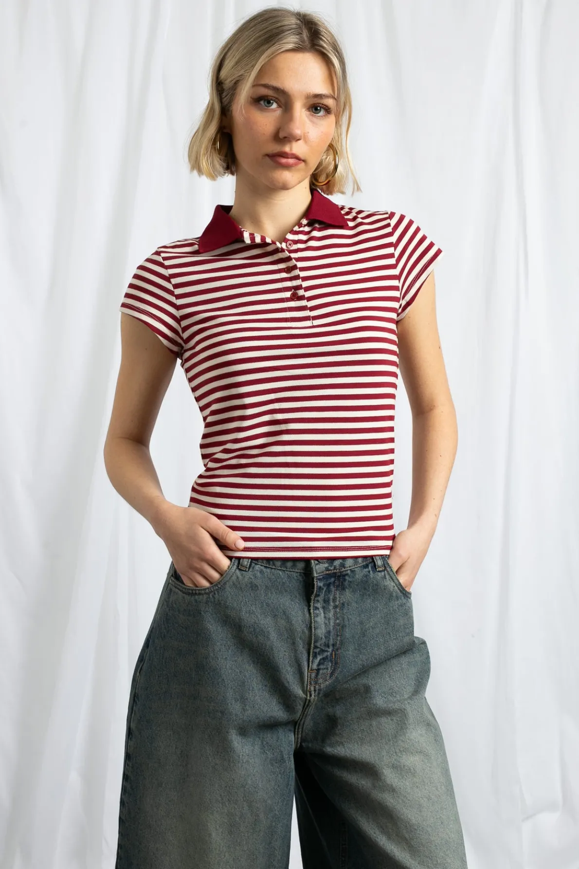 Daisy Street Slim Fit Stripe Polo Shirt With Short Sleeves-Women Tops