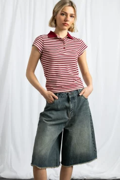 Daisy Street Slim Fit Stripe Polo Shirt With Short Sleeves-Women Tops