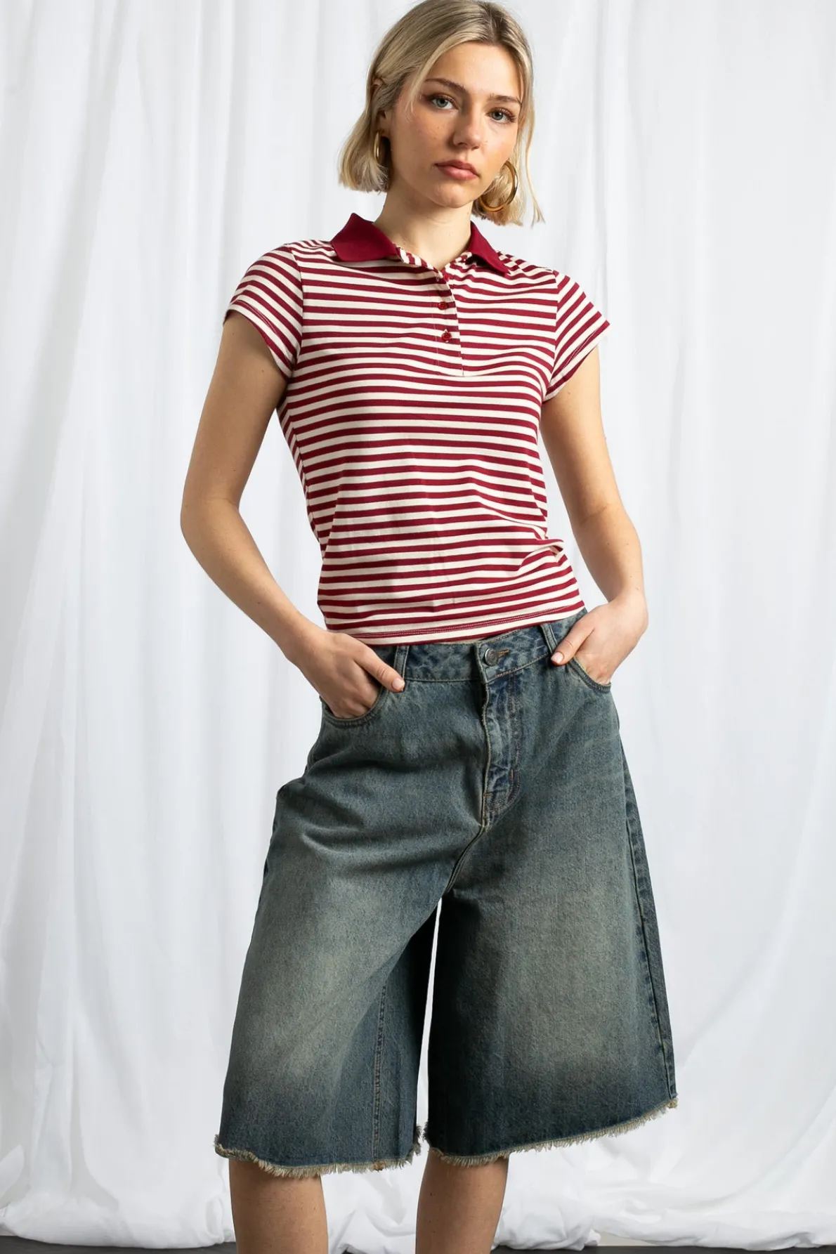 Daisy Street Slim Fit Stripe Polo Shirt With Short Sleeves-Women Tops