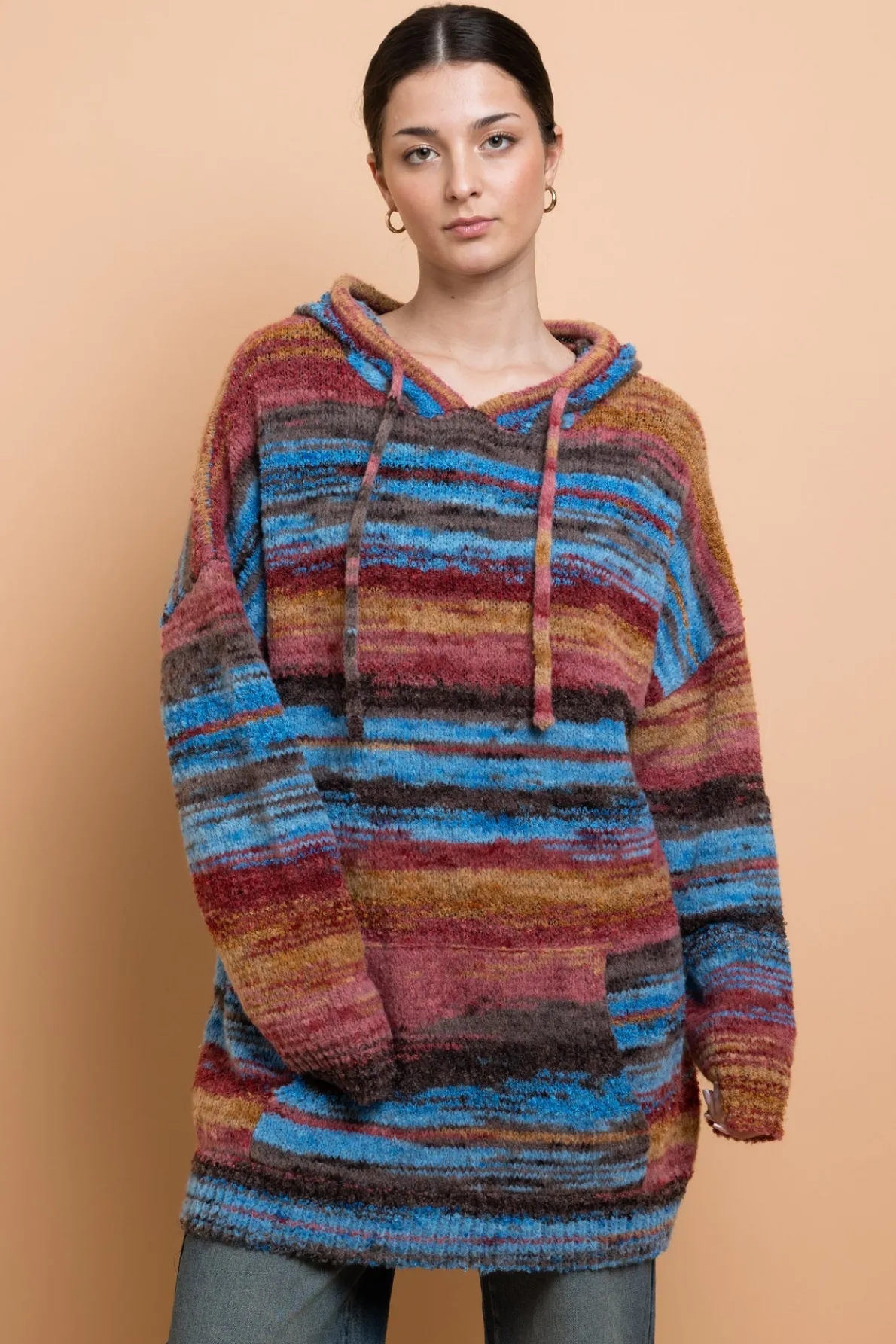Daisy Street Space Dye Hooded Sweater With Kangaroo Pocket-Women Tops