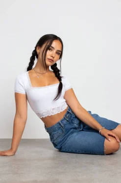 Daisy Street Square Neck Top With Lace Trim Detailing-Women Tops