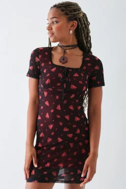Daisy Street Square Neck Mesh Mini Dress-Women Dresses