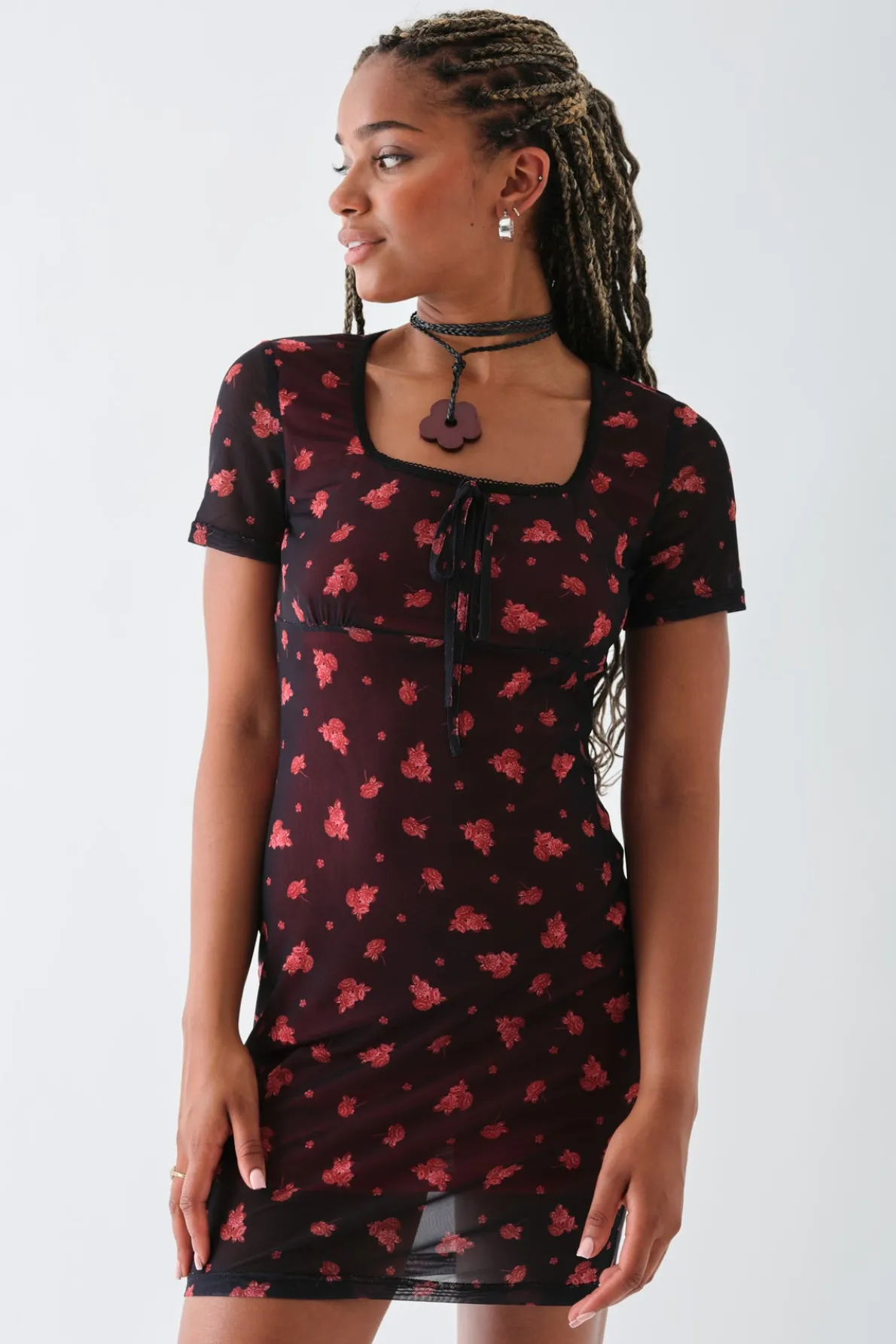 Daisy Street Square Neck Mesh Mini Dress-Women Dresses