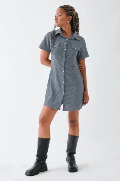 Daisy Street Textured Check Mini Shirt Dress-Women Dresses