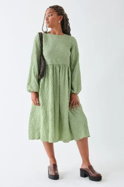 Daisy Street Textured Shirred Midi Smock Dress-Women Dresses