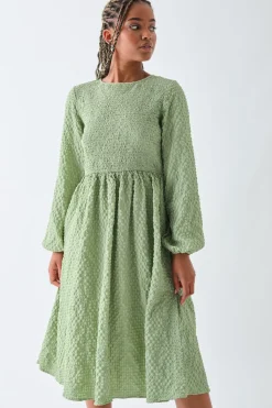 Daisy Street Textured Shirred Midi Smock Dress-Women Dresses