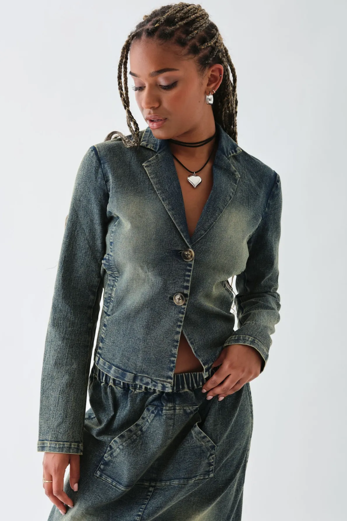 Daisy Street Washed Stretch Denim Blazer-Women Jackets