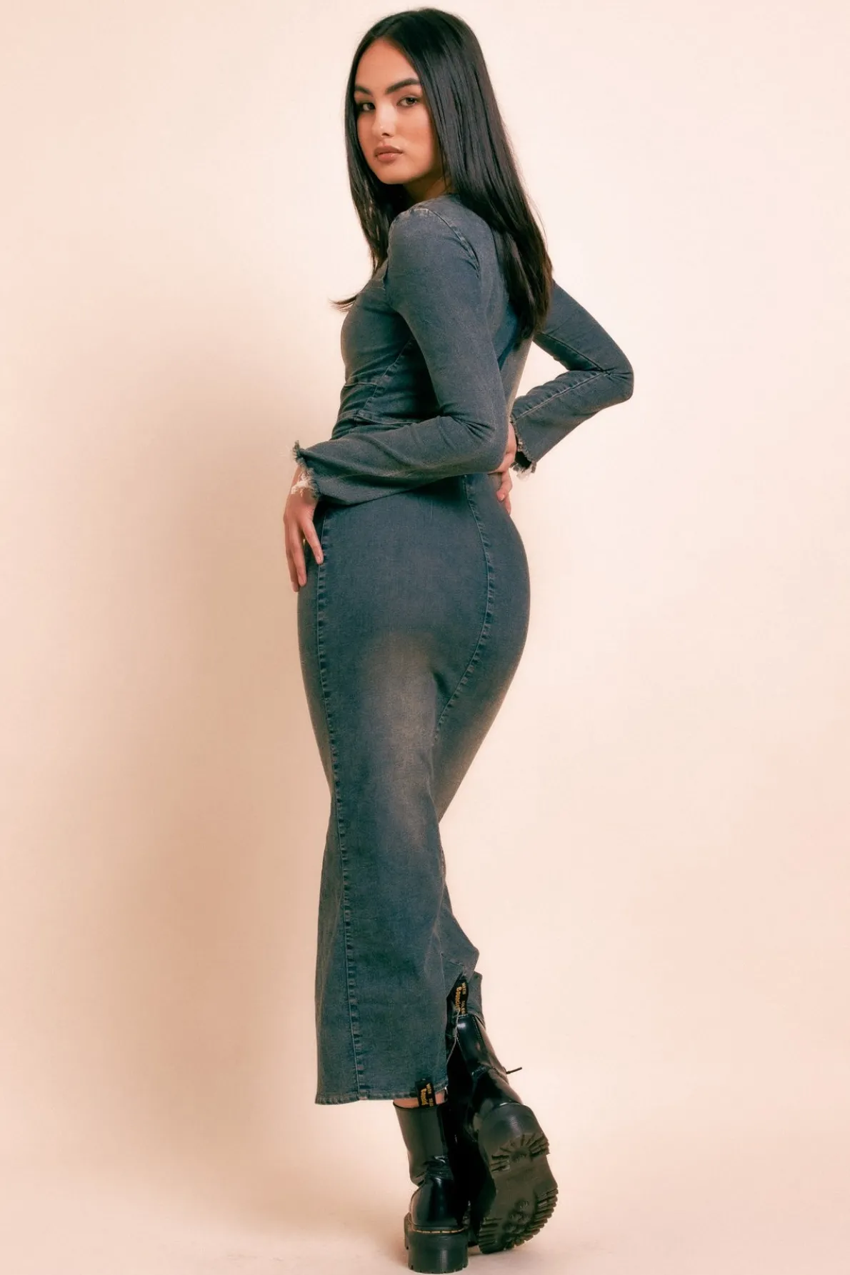 Daisy Street Washed Stretch Denim Maxi Dress With Contrast Stitching-Women Partywear | Dresses