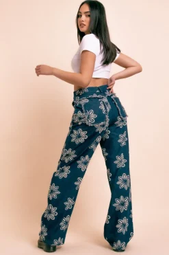 Daisy Street Wide Leg Printed Denim Jeans-Women Trousers