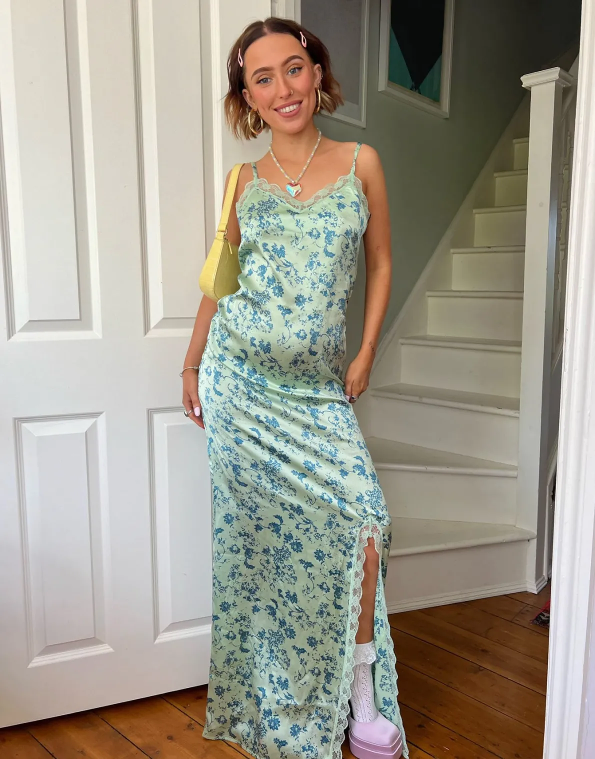 Daisy Street x Chloe Davie 90s Printed Maxi Dress with Lace Trim-Women Dresses