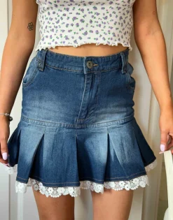 Daisy Street x Chloe Davie Y2K Mini Pleated Denim Skirt with Lace Trim-Women Skirts